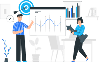 A man and woman graphic character wearing clue strip shirt pointing the graph icon result