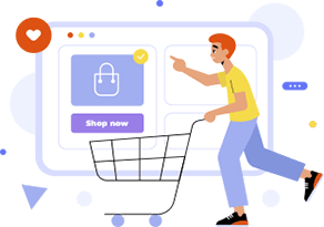 An illustration of graphic character doing shopping while holding cart