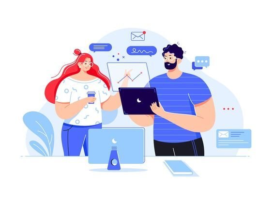 An illustration of a man and woman using social media platform